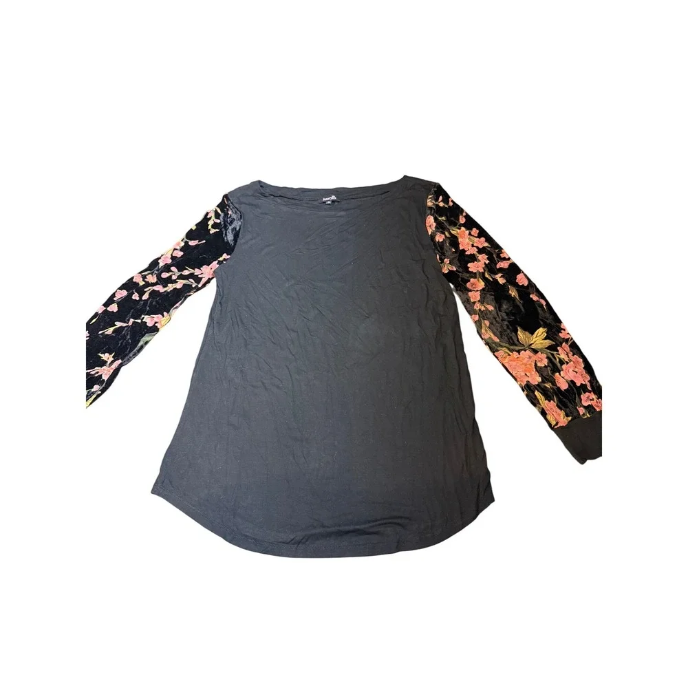 Black Long Sleeve Tunic Top  Floral‎ Print XL Amaryllis  velvet sleeves